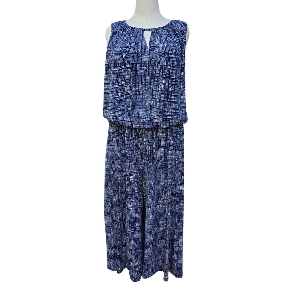 Roz & Ali 1X Navy Abstract Print Wide Leg Jumpsuit Pockets Elastic Waist